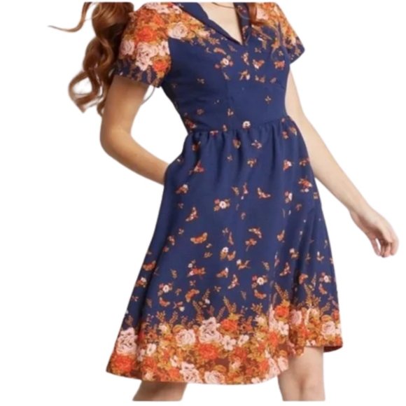 ModCloth Navy Fit & Flare Floral/Butterfly Dress - S - Picture 1 of 13